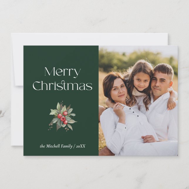Simple Elegant Merry Christmas Floral PHOTO Holiday Card (Front)
