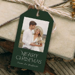 Simple Elegant Merry Christmas Photo Floral Back  Gift Tags<br><div class="desc">These stylish Christmas gift tags feature a photo template, elegant modern typography, and a hand drawn floral pattern on the back in classic colours of deep green, burgundy red, and ivory over a sand / beige background. Pair with our matching wrapping paper for beautiful gift giving this holiday season! The...</div>