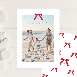 Simple Elegant Minimal Red Christmas Bow Photo Holiday Card