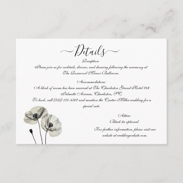 Simple Elegant Minimalism Black and White Poppies  Enclosure Card (Front)