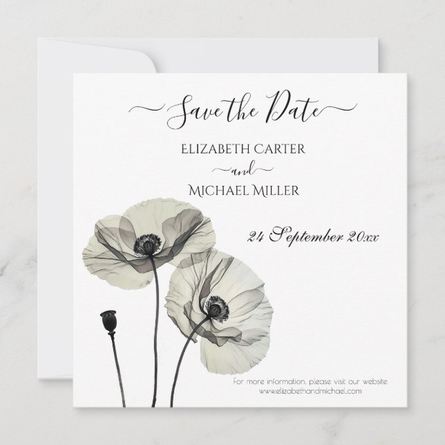 Simple Elegant Minimalism Black and White Poppies Save The Date (Front)