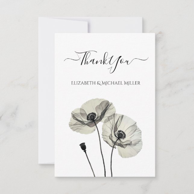 Simple Elegant Minimalism Black and White Poppies Thank You Card (Front)