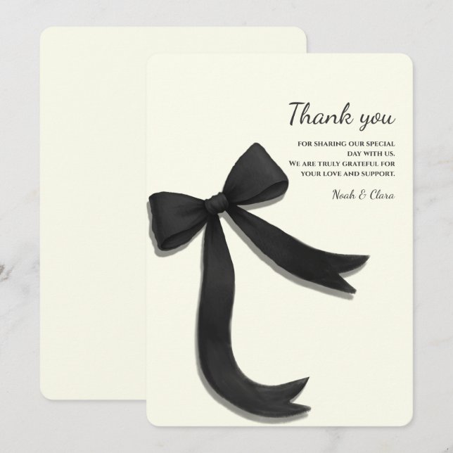 Simple Elegant Minimalist Black Bow Thank You Card (Front/Back)