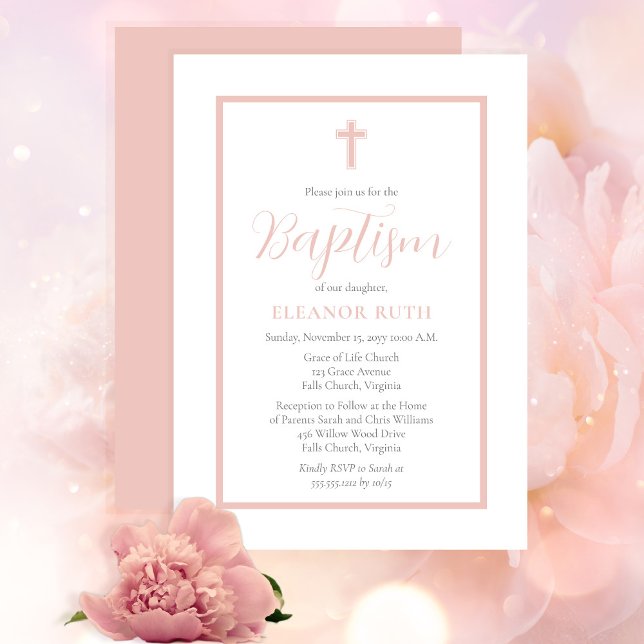 Simple Elegant Minimalist Blush Pink Girl Baptism Invitation (Creator Uploaded)