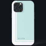 Simple Elegant Minimalist Colour Block with Name iPhone 13 Pro Max Case<br><div class="desc">For a clean look that conveys a sense of elegance and classic minimalist styling this modern colour block design in light aquamarine and white has a text template to personalise with your name on the lower left corner. Lots of matching products are available in this design to coordinate your home,...</div>