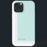 Simple Elegant Minimalist Colour Block with Name iPhone 13 Pro Max Case<br><div class="desc">For a clean look that conveys a sense of elegance and classic minimalist styling this modern colour block design in light aquamarine and white has a text template to personalise with your name on the lower left corner. Lots of matching products are available in this design to coordinate your home,...</div>
