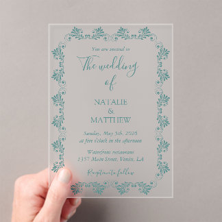 Simple Elegant Minimalist Damask Ornament Wedding Acrylic Invitations