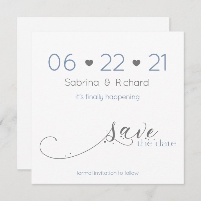 Simple Elegant Minimalist Dusty Blue Save the Date Invitation (Front/Back)