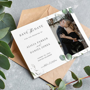 Simple elegant minimalist greenery photo wedding save the date
