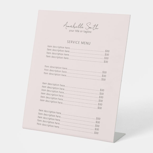 Simple Elegant Minimalist Modern Pink Price List Pedestal Sign (Front)