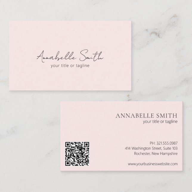 Simple Elegant Minimalist QR Code Modern Pink Business Card (Front/Back)