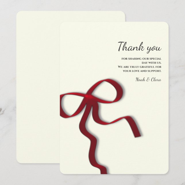 Simple Elegant Minimalist Red Bow Thank You Card (Front/Back)