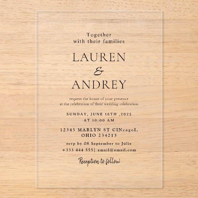 Simple Elegant Minimalist Transparent Wedding  Acrylic Invitations (Front)