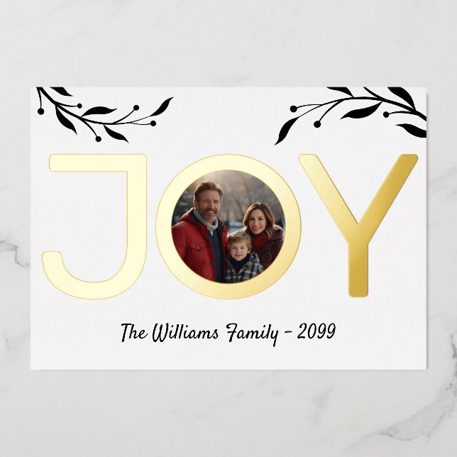 Simple elegant minimalistic JOY photo black white Foil Holiday Card (Front)