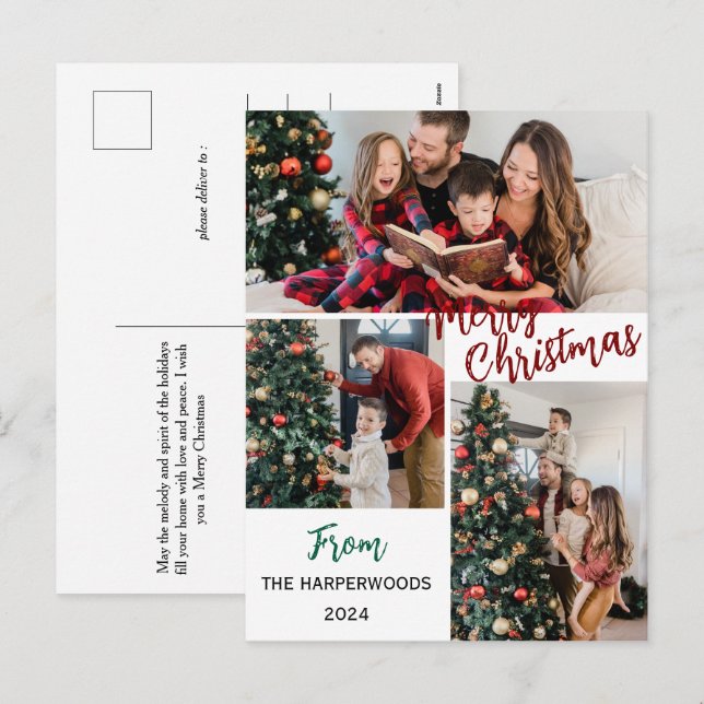  Simple Elegant modern 3 photo Christmas Family Holiday Postcard (Front/Back)