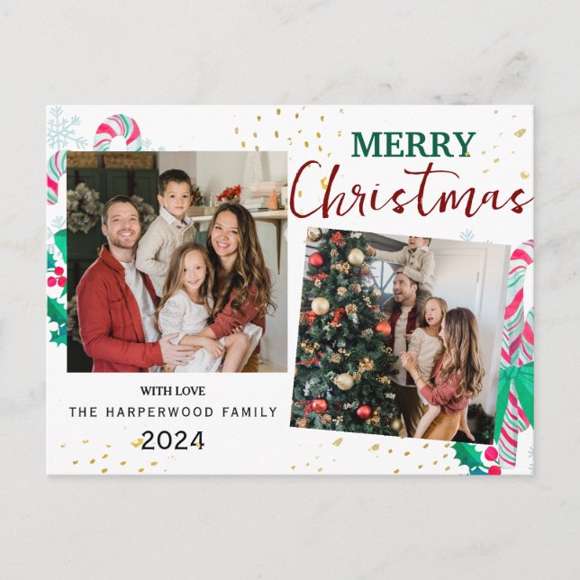  Simple Elegant modern 3 photo Christmas Family Holiday Postcard (Front)