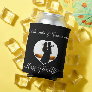 Simple Elegant Modern Black White photo wedding Can Cooler