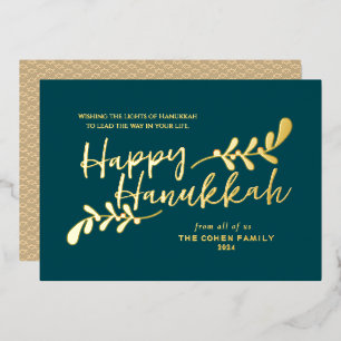 Simple Elegant Modern Blue Happy Hanukkah Foil Holiday Card