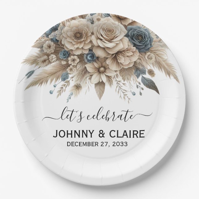 Simple Elegant Modern Boho Pampas Grass Classic Paper Plate (Front)
