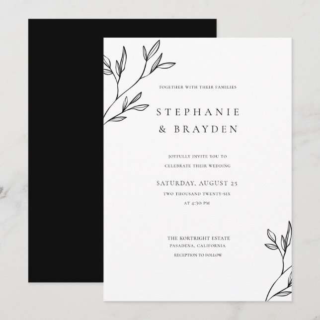 Simple Elegant Modern Botanical Leaf Black Wedding Invitation (Front/Back)