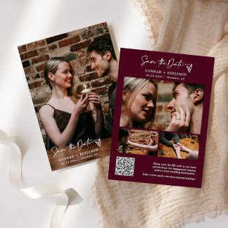 Simple Elegant Modern Burgundy Boho QR Code Photo Save The Date