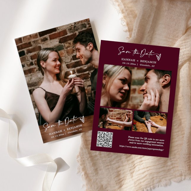 Simple Elegant Modern Burgundy Boho QR Code Photo Save The Date (Creator Uploaded)