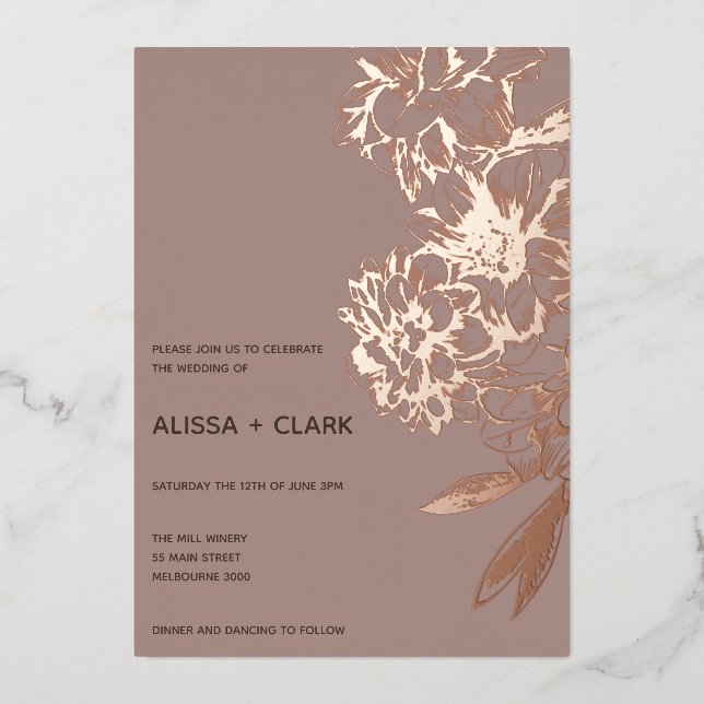 Simple Elegant Modern Floral Wedding  Foil Invitat (Front)