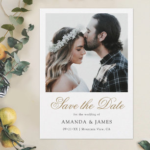 Simple Elegant Modern Gold Script Custom Photo Save The Date