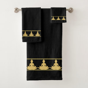 Simple, Elegant, Modern Golden Buddha on Black Bath Towel Set