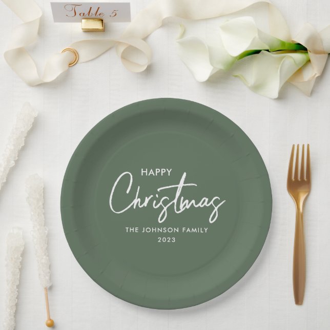 Simple Elegant Modern Green Happy Christmas  Paper Plate (Wedding)