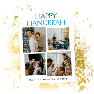 Simple Elegant Modern Hanukkah family 4 photo Holiday Postcard