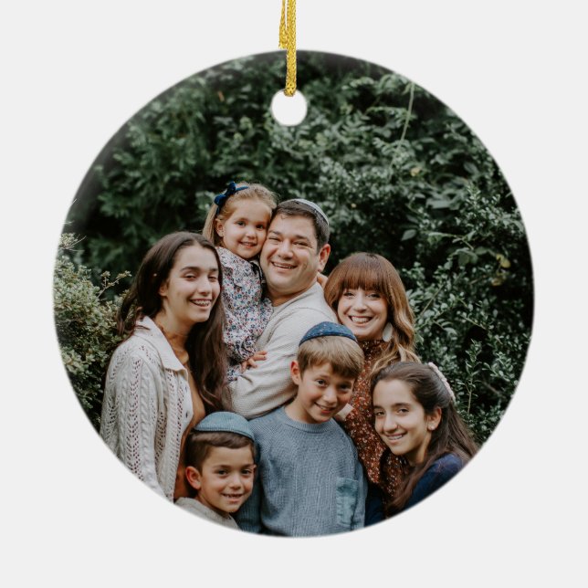 Simple Elegant Modern Hanukkah family Photo Ceramic Ornament (Back)