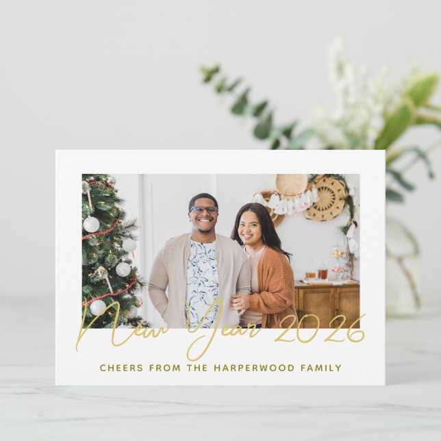 Simple Elegant Modern Happy New Year Four Photo Holiday Card (Standing Front)