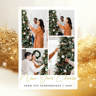 Simple Elegant Modern Happy New Year Four Photo Holiday Card