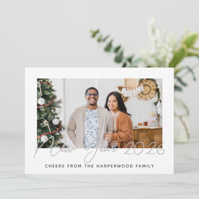 Simple Elegant Modern Happy New Year Four Photo Holiday Card (Standing Front)