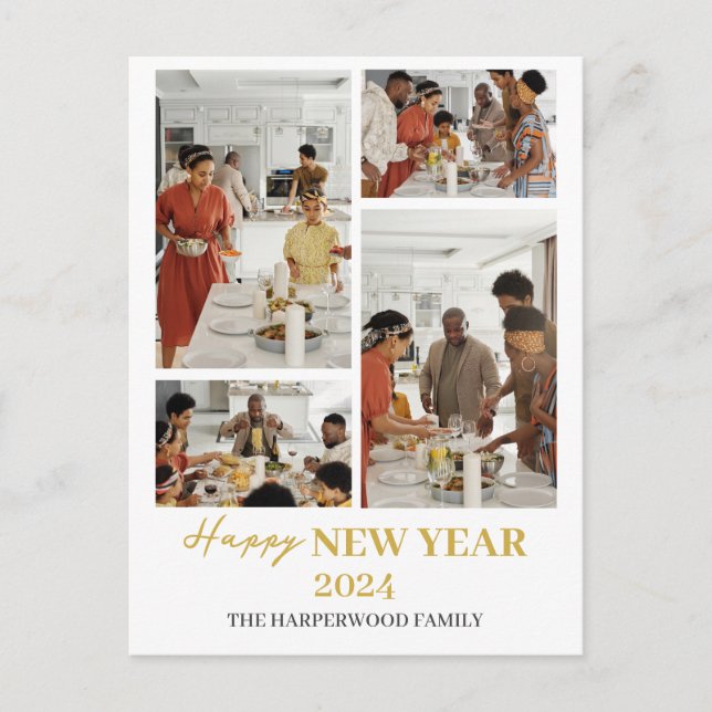 Simple Elegant Modern Happy New Year Four Photo Holiday Postcard (Front)