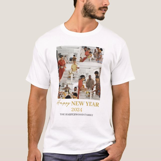 Simple Elegant Modern Happy New Year Four Photo T-Shirt (Front)