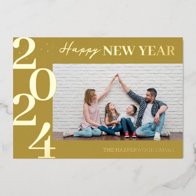 Simple Elegant Modern Happy New Year One Photo Foil Holiday Card (Front)