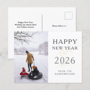 Simple Elegant Modern Happy New Year one photo Holiday Postcard