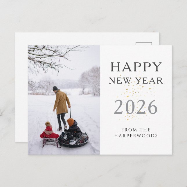 Simple Elegant Modern Happy New Year one photo Holiday Postcard (Front/Back)