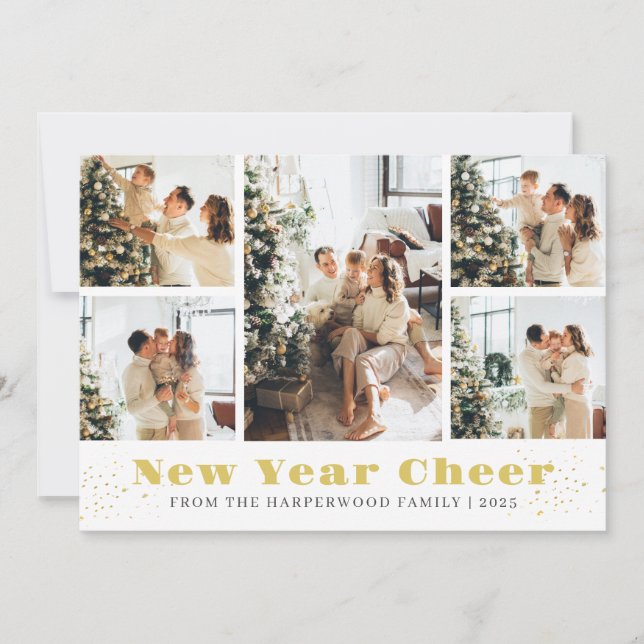 Simple Elegant Modern Happy New Year Photo Collage Holiday Card (Front)