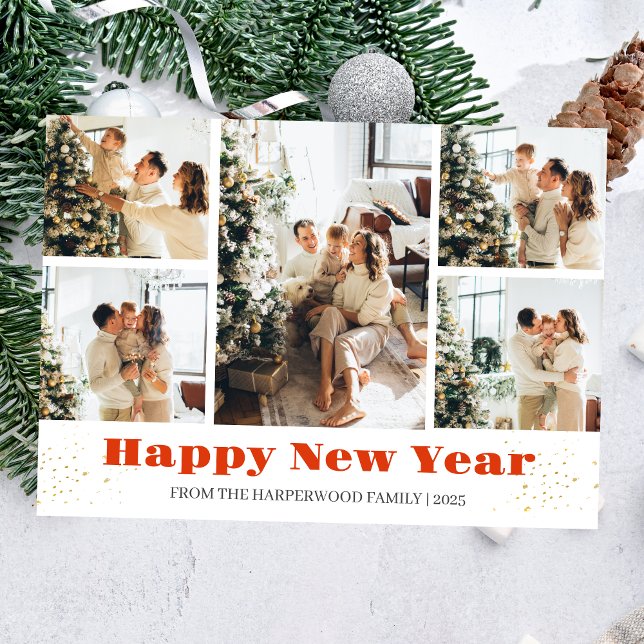 Simple Elegant Modern Happy New Year Photo Collage Holiday Card (Creator Uploaded)