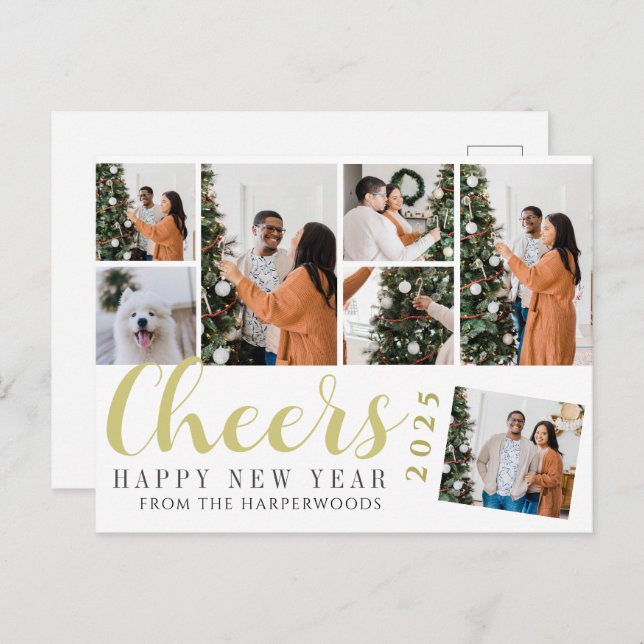 Simple Elegant Modern Happy New Year Photo Collage Holiday Postcard (Front/Back)