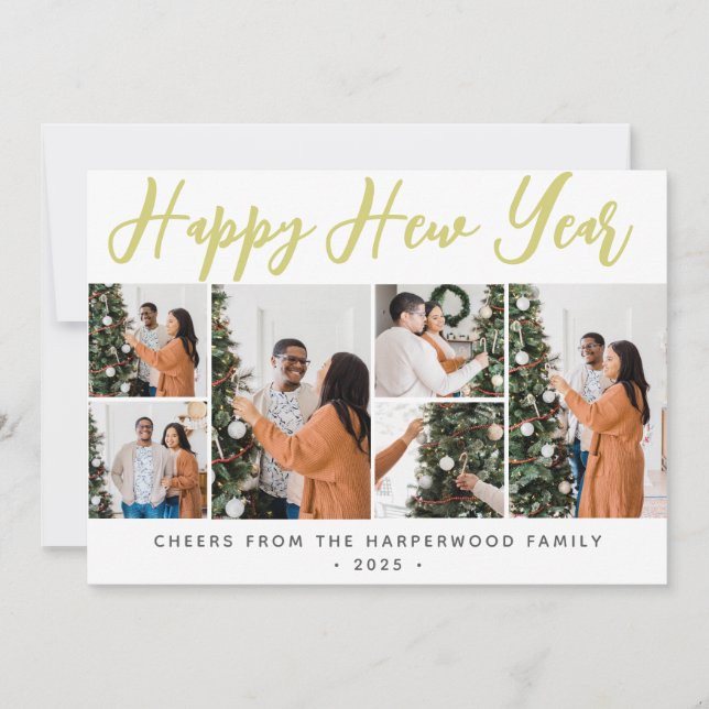 Simple Elegant Modern Happy New Year Six Photo Hol Holiday Card (Front)