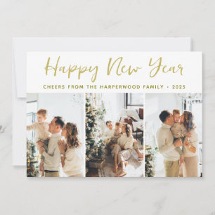 Simple Elegant Modern Happy New Year Three Photo Holiday Card