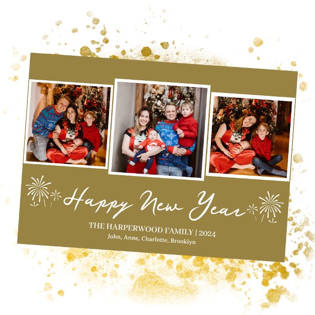 Simple Elegant Modern Happy New Year Three Photo Holiday Card (Creator Uploaded)