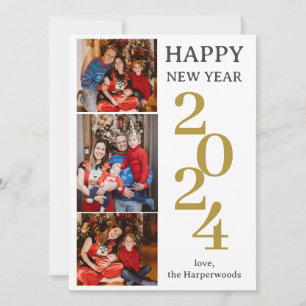 Simple Elegant Modern Happy New Year Three Photo Holiday Card