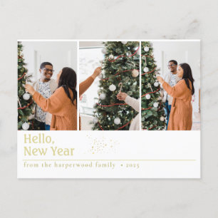 Simple Elegant Modern Happy New Year Three Photo Holiday Postcard