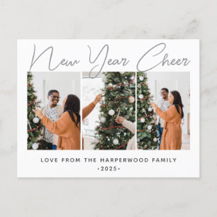 Simple Elegant Modern Happy New Year Three Photo Holiday Postcard