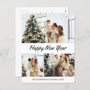 Simple Elegant Modern Happy New Year Three-Photo Holiday Postcard